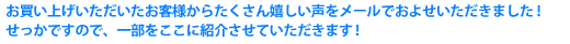 お買い上げいただいたお客様からたくさん嬉しい声をメールでおよせいただきました!せっかくですので、一部を得ここに紹介させていただきます!