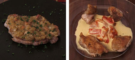 左「国産豚肩ロース肉のソテー シャリアピンスタイル」右「青森津軽鶏のハーブソテー」